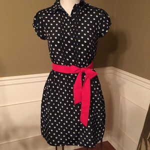 Navy Blue Polka Dot Dress, Cap Sleeve - S